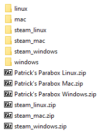 Linux, mac, windows, steam_linux, steam_mac, steam_windows directories, and .zip files for each of them.